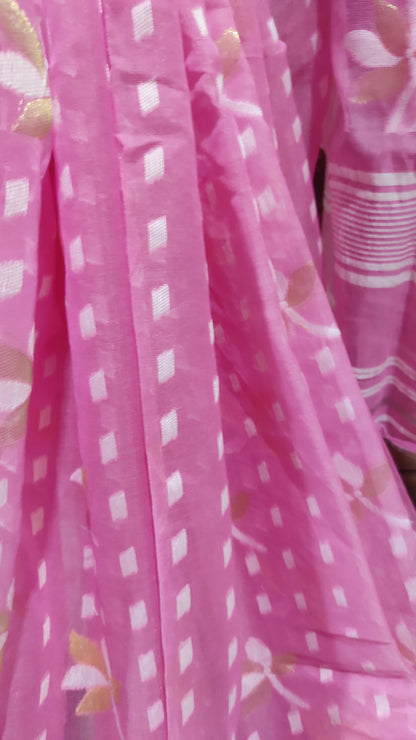 Jamdani Inspired Pink Silk Cotton Thread Worked Saree