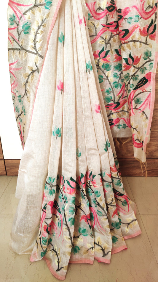 Green Colour Threaded Jamdani work done Natural Shaded Tussar saree