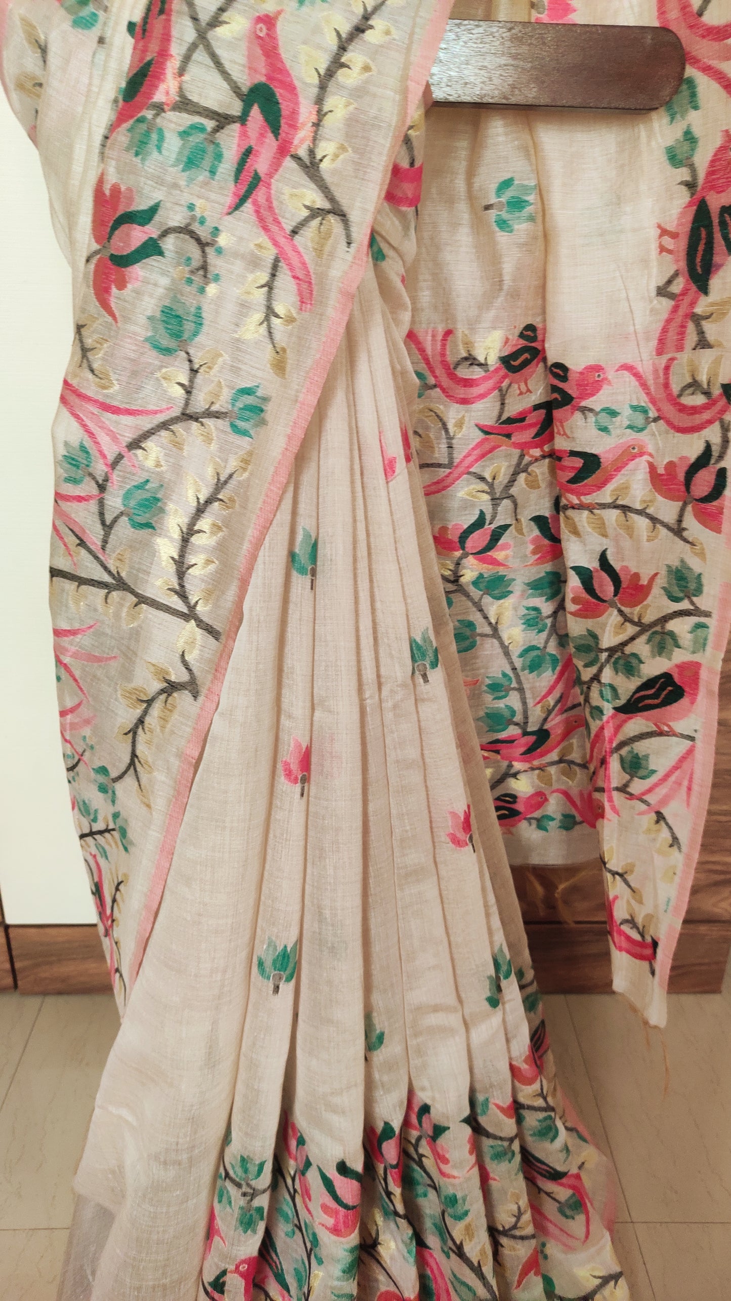 Green Colour Threaded Jamdani work done Natural Shaded Tussar saree