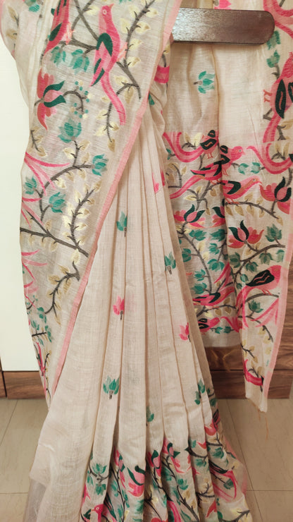 Green Colour Threaded Jamdani work done Natural Shaded Tussar saree