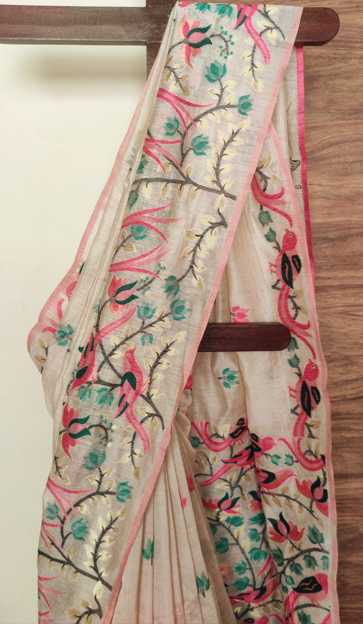 Green Colour Threaded Jamdani work done Natural Shaded Tussar saree