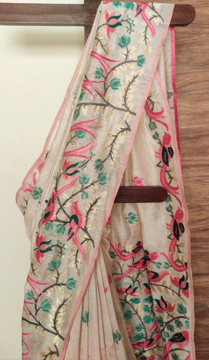 Green Colour Threaded Jamdani work done Natural Shaded Tussar saree