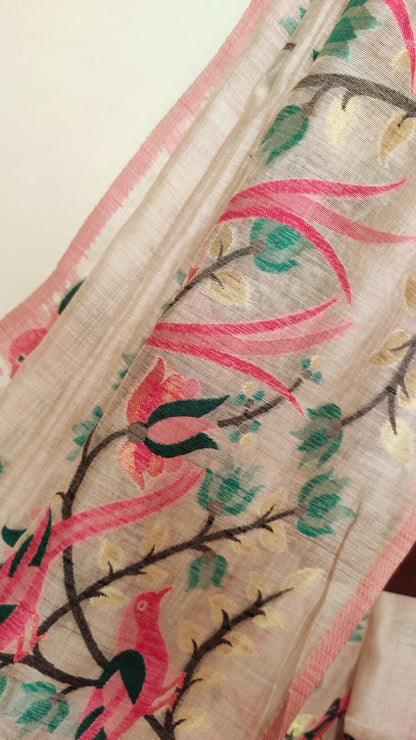 Green Colour Threaded Jamdani work done Natural Shaded Tussar saree