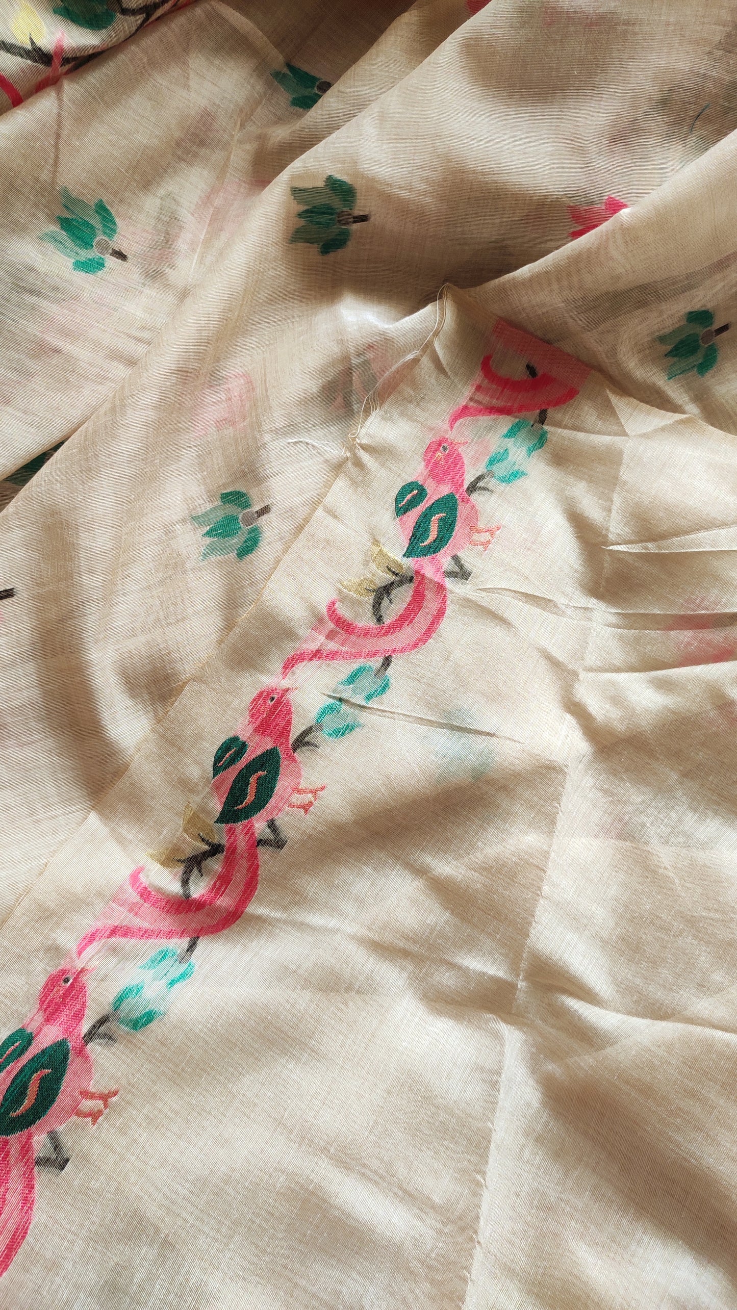 Green Colour Threaded Jamdani work done Natural Shaded Tussar saree