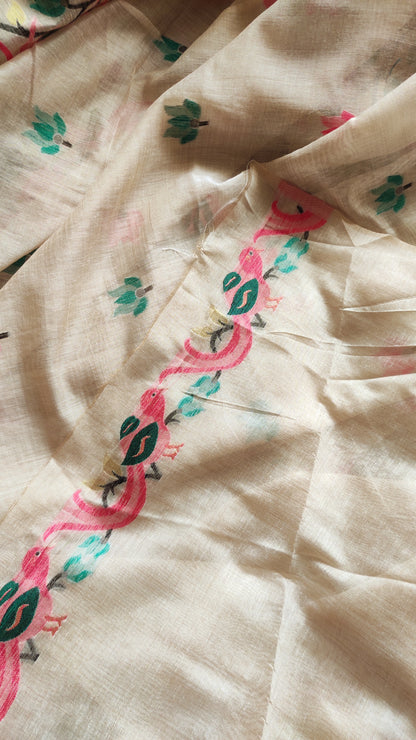 Green Colour Threaded Jamdani work done Natural Shaded Tussar saree