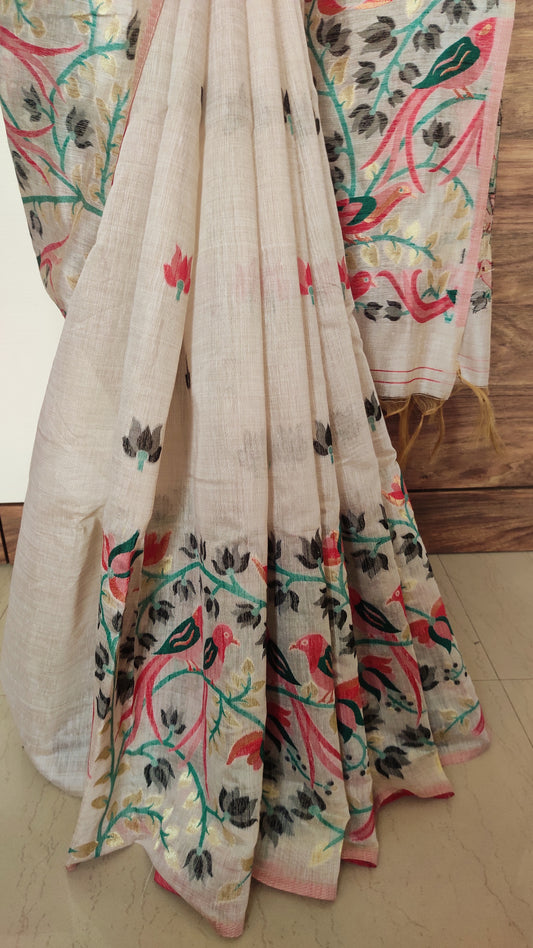 Black Colour Threaded Jamdani work done Natural Shaded Tussar saree