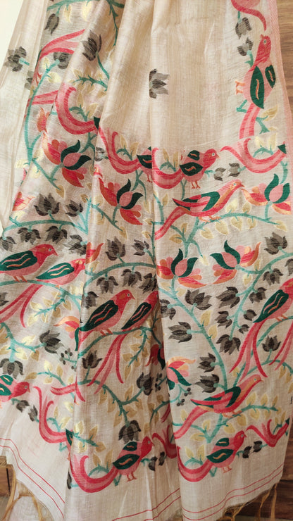 Black Colour Threaded Jamdani work done Natural Shaded Tussar saree