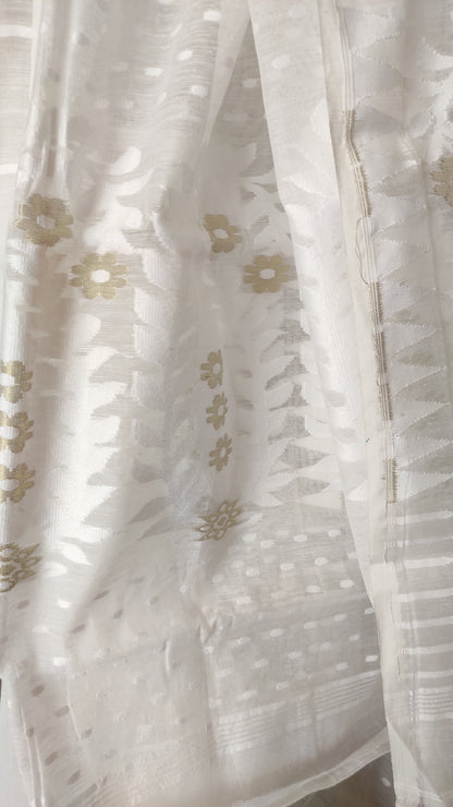 White Silk Cotton Threaded motif done Jamdani Inspired Saree
