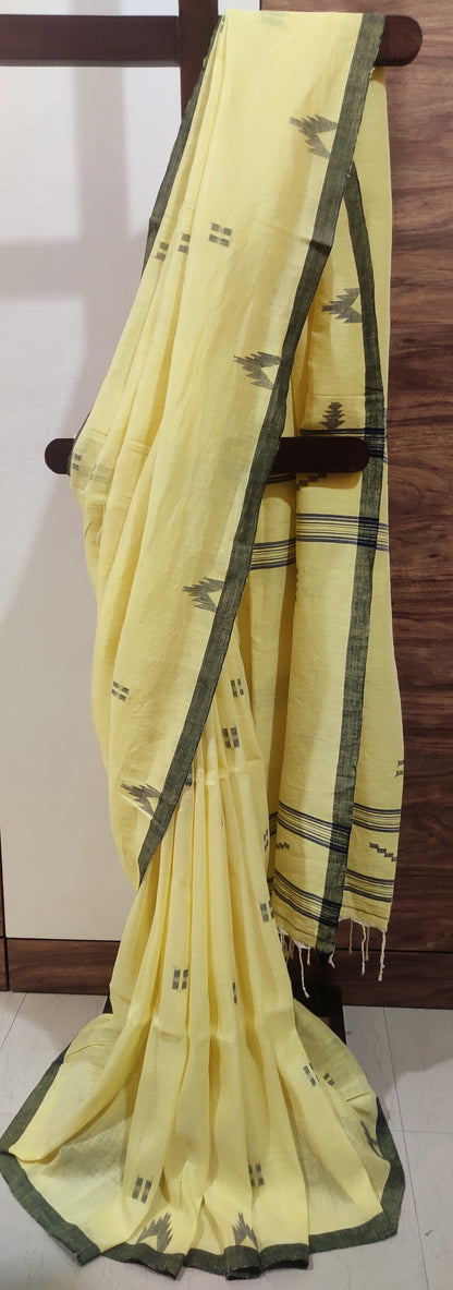 Black thread Temple work done Yellow Soft Linen Handloom Saree