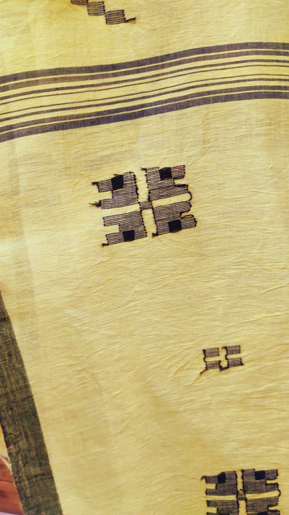 Black thread Temple work done Yellow Soft Linen Handloom Saree