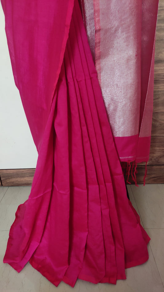 Pink Plain Body Zari Pallu Viscose Cotton Handloom Saree