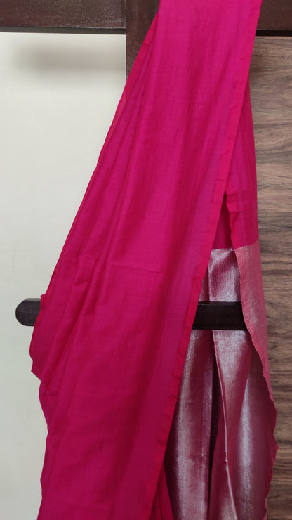 Pink Plain Body Zari Pallu Viscose Cotton Handloom Saree