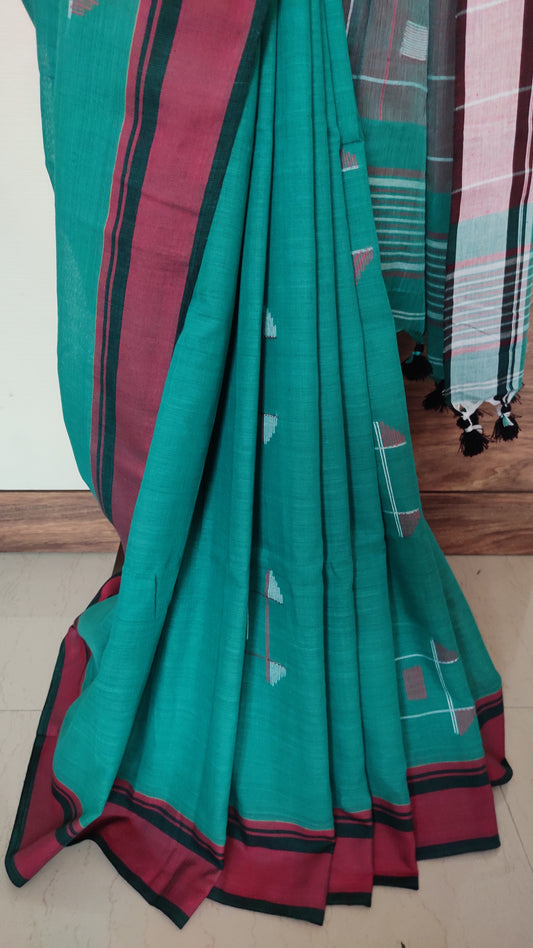 Tic-Tac-Toe Sea Green Khadi Handloom Saree