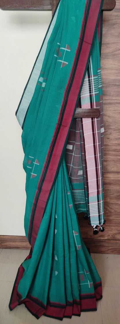 Tic-Tac-Toe Sea Green Khadi Handloom Saree