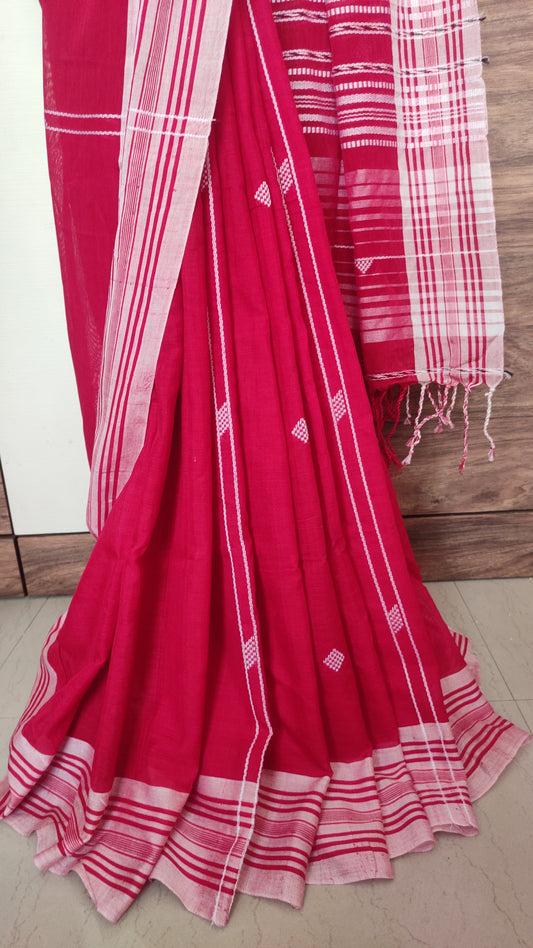 Red Cotton Threaded bhujuri style Jamdani work done Saree