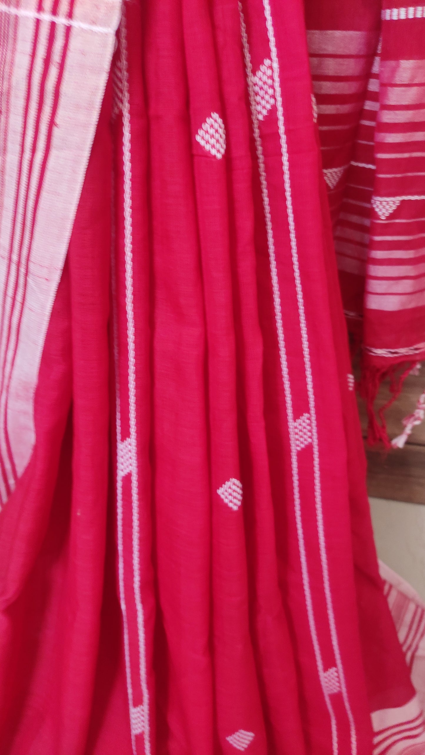 Red Cotton Threaded bhujuri style Jamdani work done Saree