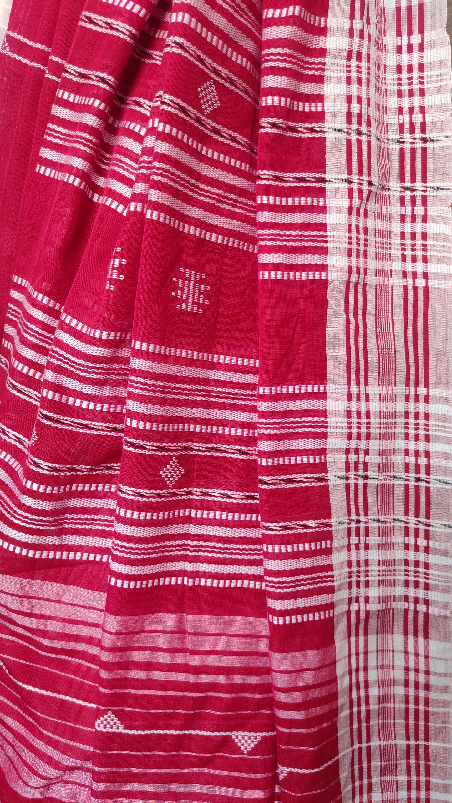 Red Cotton Threaded bhujuri style Jamdani work done Saree