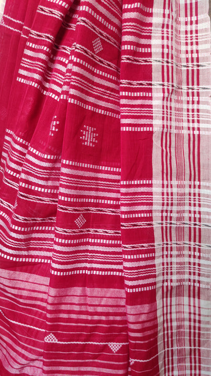 Red Cotton Threaded bhujuri style Jamdani work done Saree
