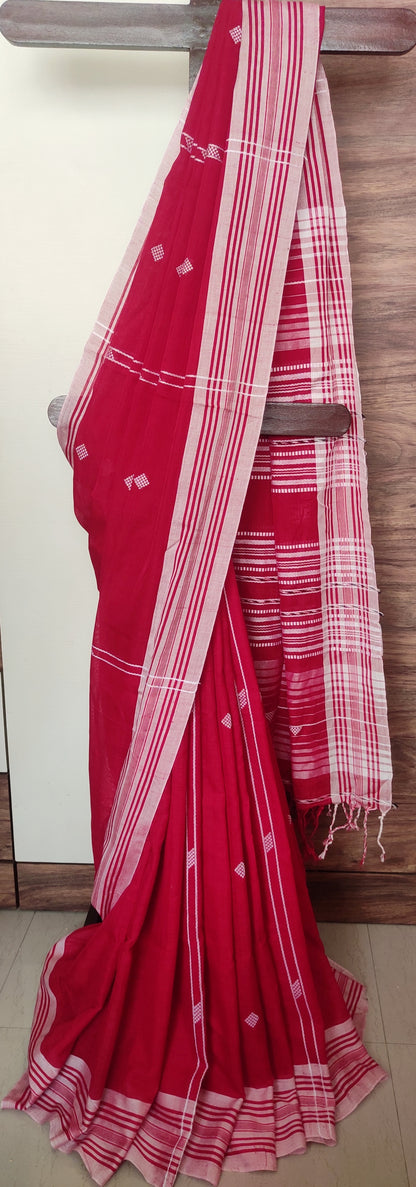 Red Cotton Threaded bhujuri style Jamdani work done Saree