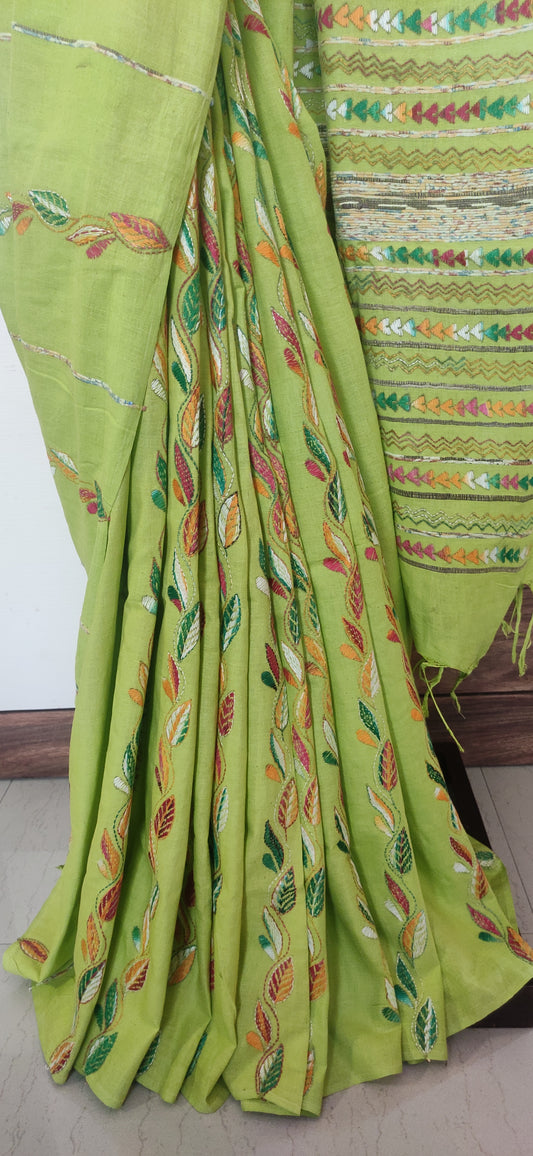 Handmade Kantha Stitch Done Pista Green Khesh Cotton Saree