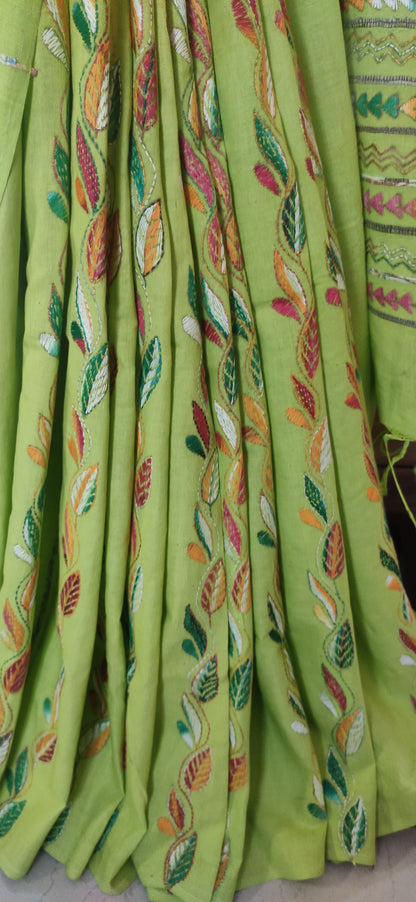 Handmade Kantha Stitch Done Pista Green Khesh Cotton Saree