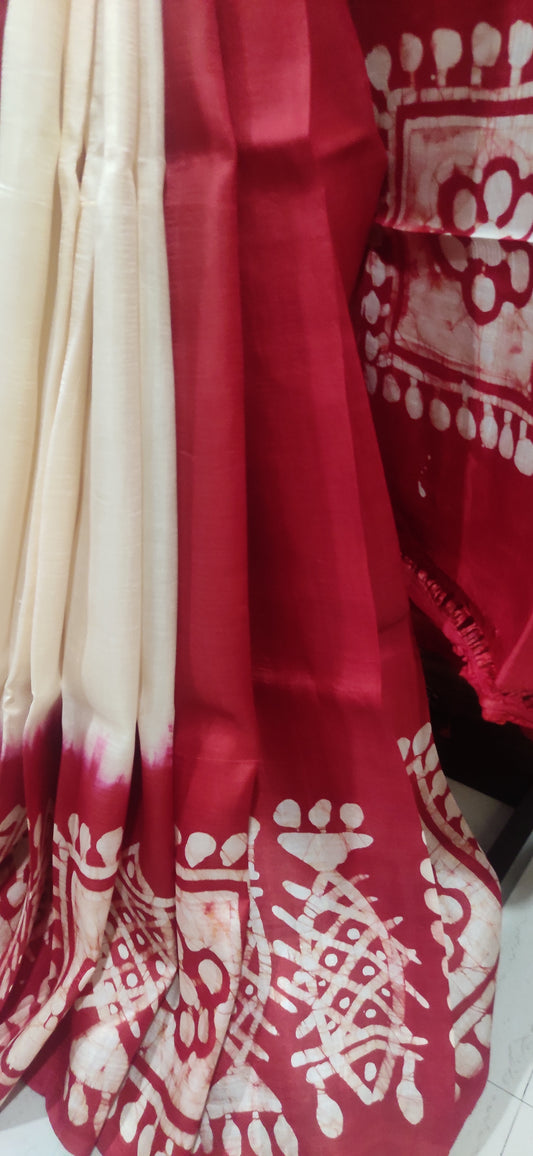 Off White - Red border Hand Batik Pure Silk Saree