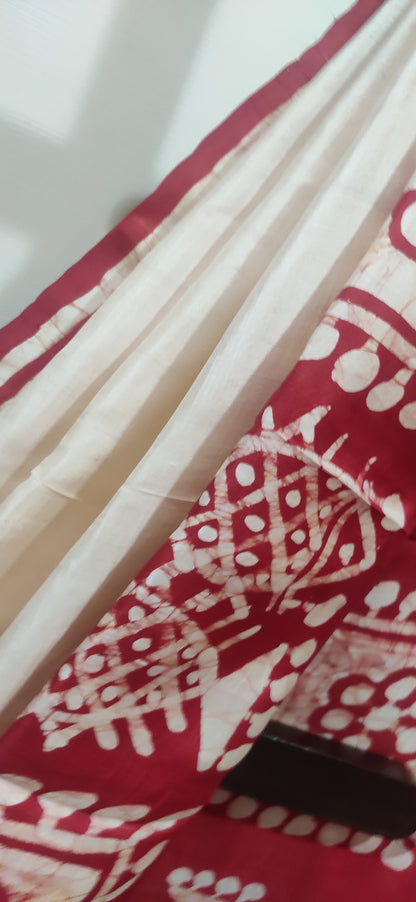 Off White - Red border Hand Batik Pure Silk Saree