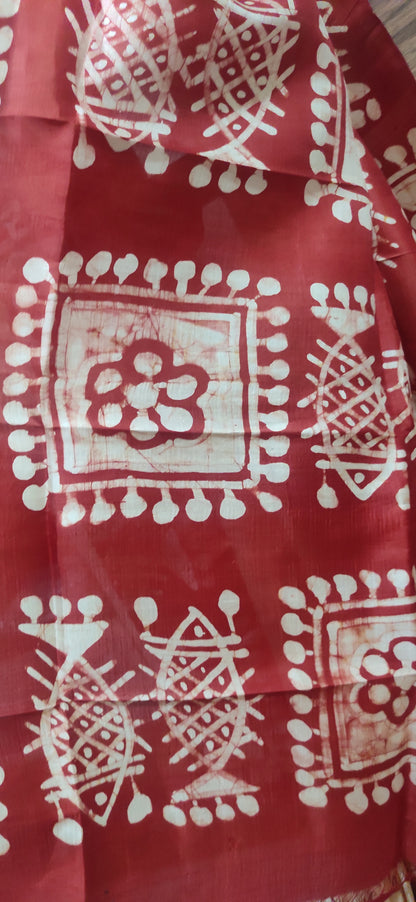 Off White - Red border Hand Batik Pure Silk Saree