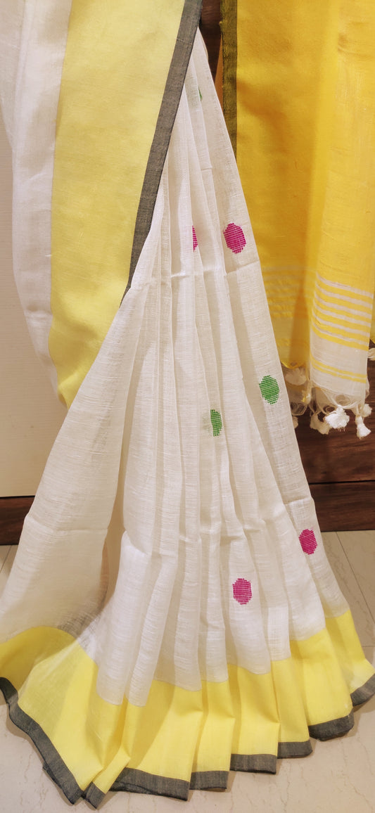 Off white - Yellow Polka Dots Linen Handloom Saree