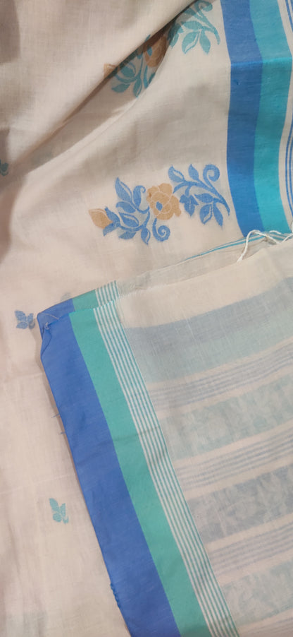 Threaded Floral Motif Done with Contrast Border Pure Cotton Beige Shaded Handloom Saree