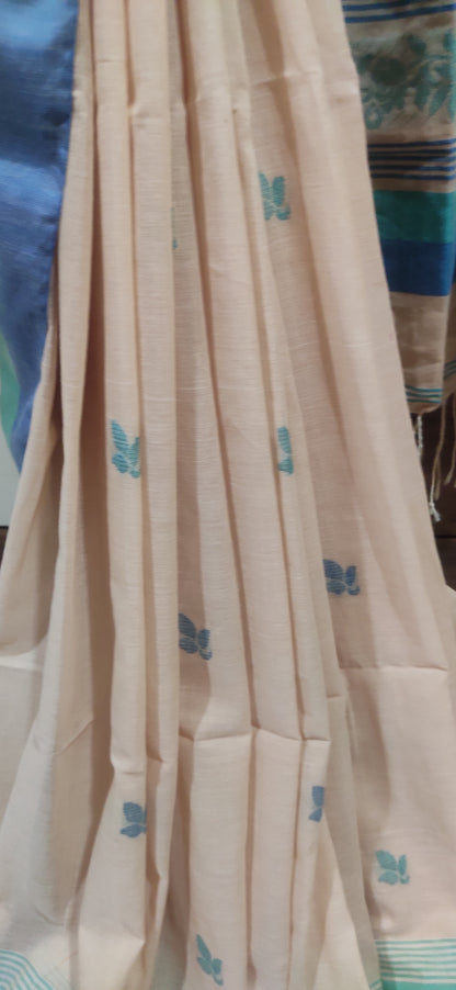 Threaded Floral Motif Done with Contrast Border Pure Cotton Beige Shaded Handloom Saree