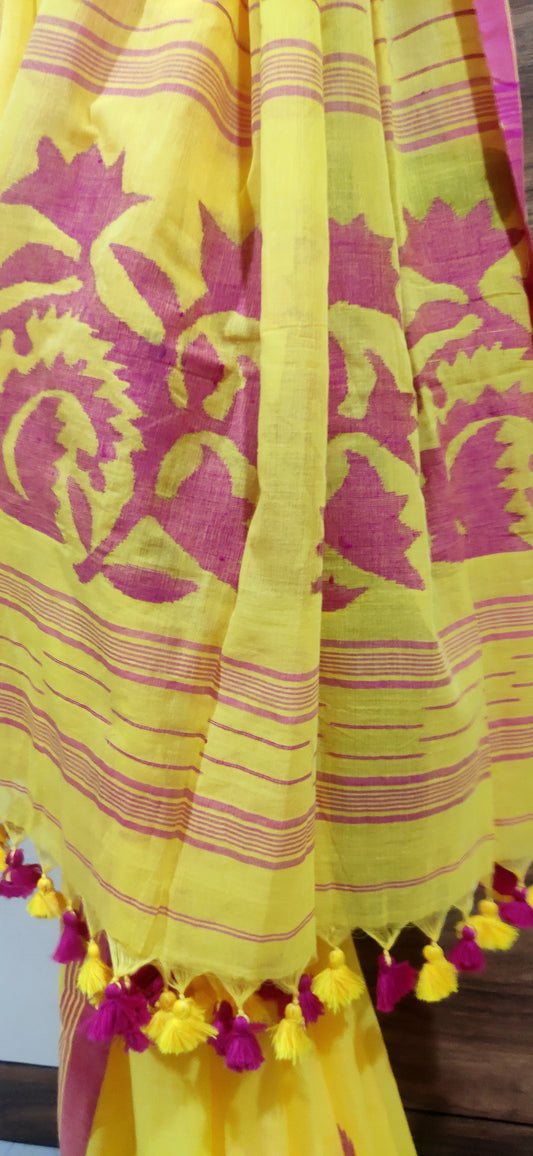 Yellow & Pink handspun Pure Muslin Cotton handloom Jamdani