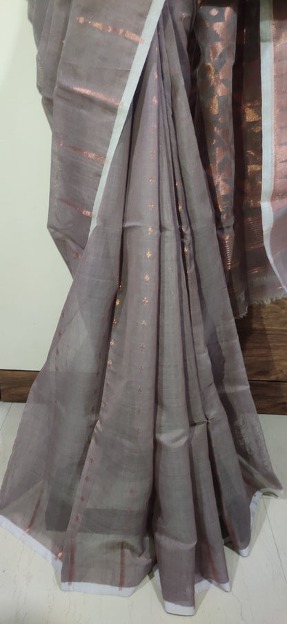 Jamdani Inspired Pinkinsh Grey Silk Cotton Copper Zari Worked handloom Saree