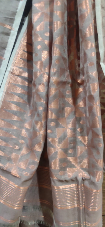 Jamdani Inspired Pinkinsh Grey Silk Cotton Copper Zari Worked handloom Saree
