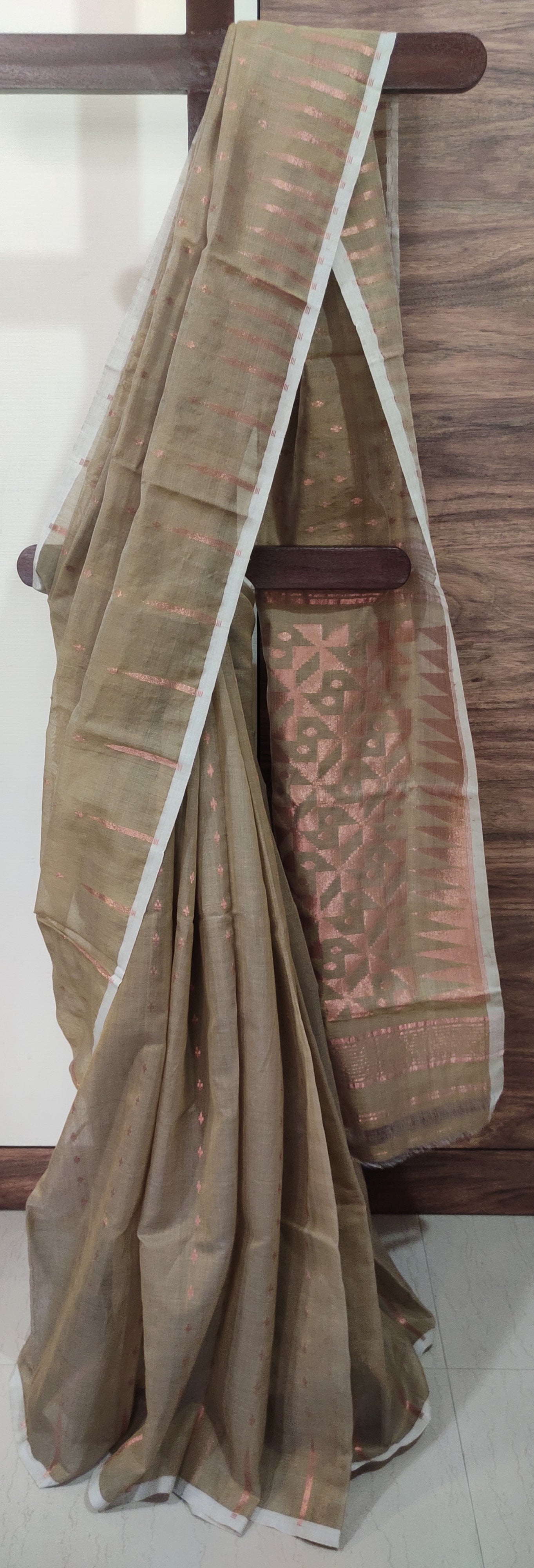 Jamdani Inspired Mud Green Silk Cotton Copper Zari Worked handloom Saree