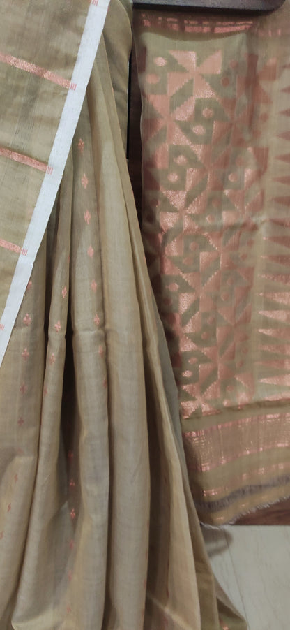 Jamdani Inspired Mud Green Silk Cotton Copper Zari Worked handloom Saree