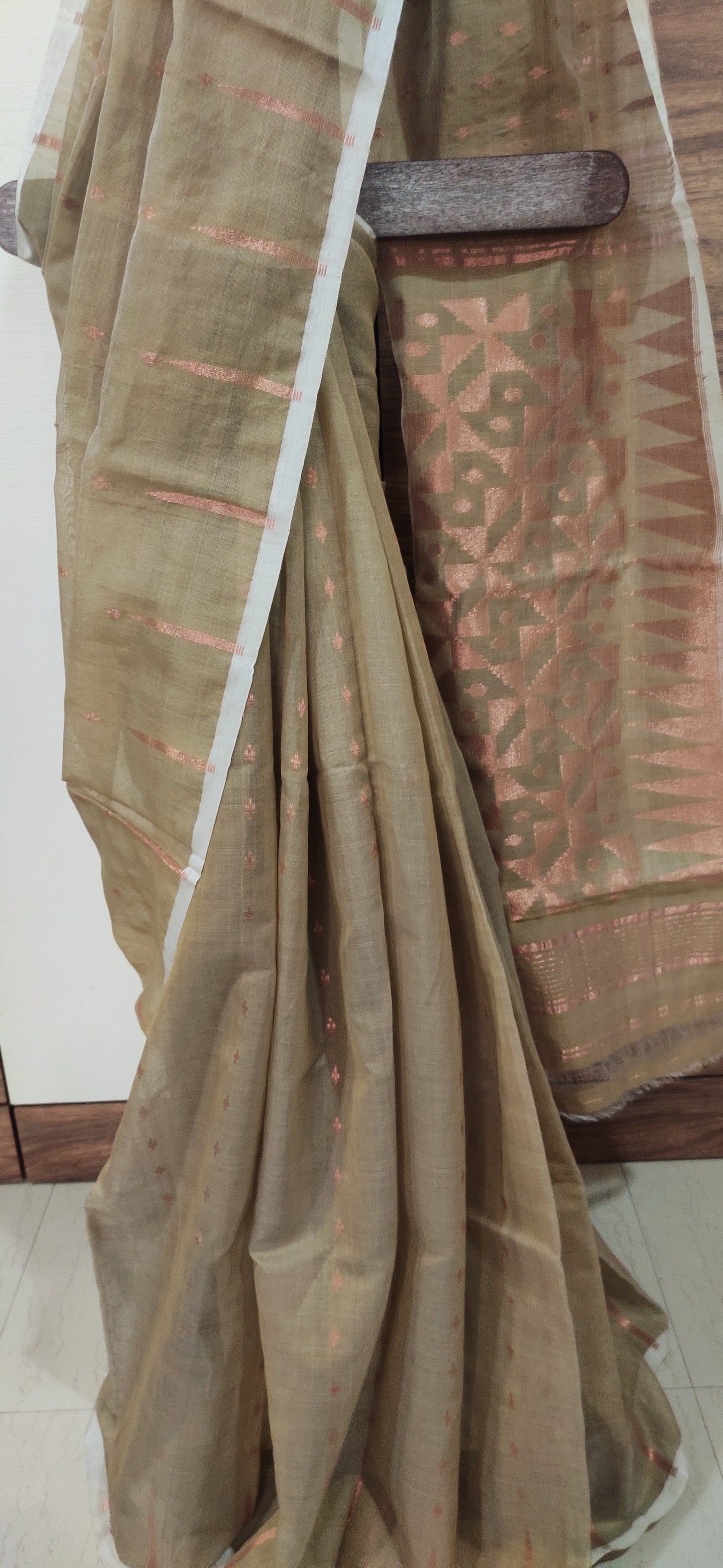 Jamdani Inspired Mud Green Silk Cotton Copper Zari Worked handloom Saree