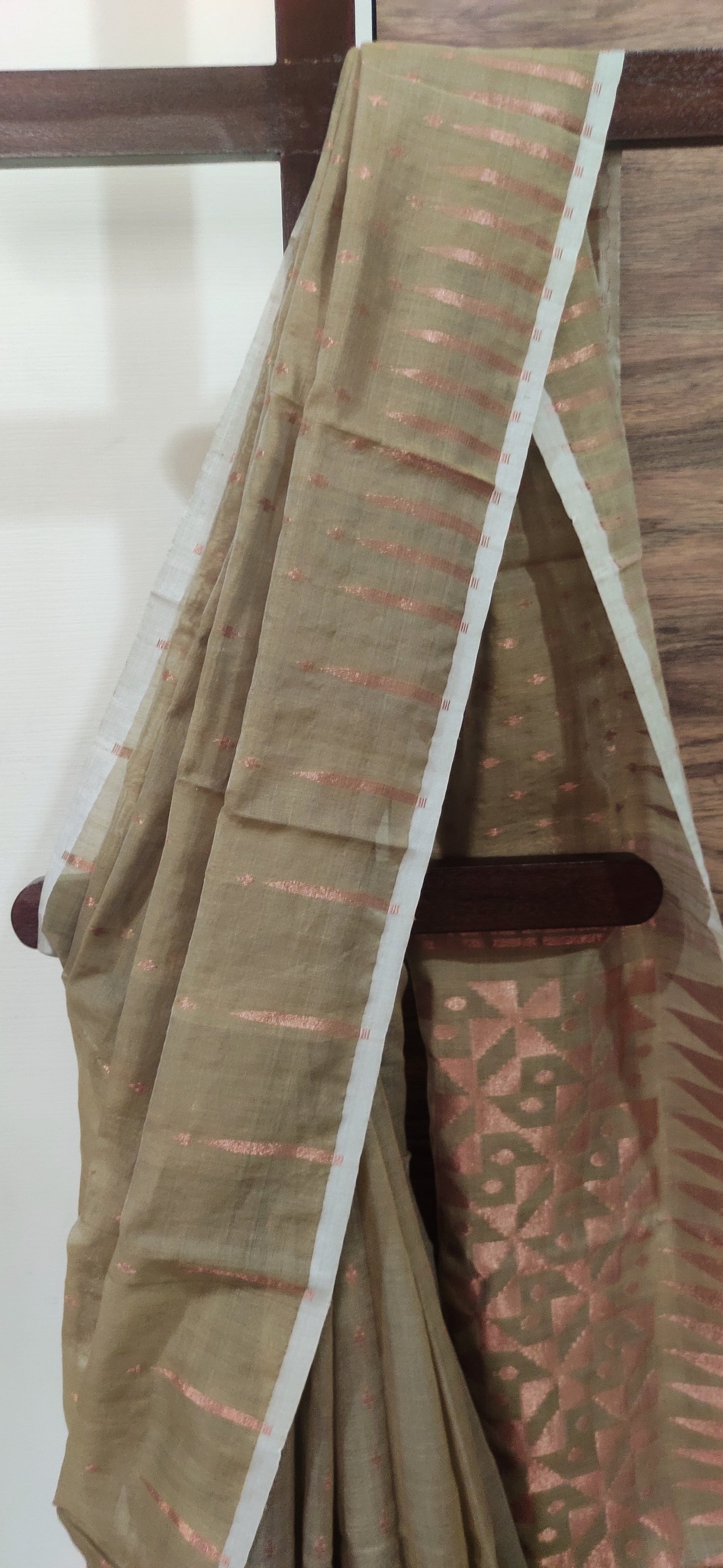 Jamdani Inspired Mud Green Silk Cotton Copper Zari Worked handloom Saree