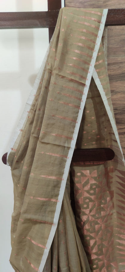 Jamdani Inspired Mud Green Silk Cotton Copper Zari Worked handloom Saree