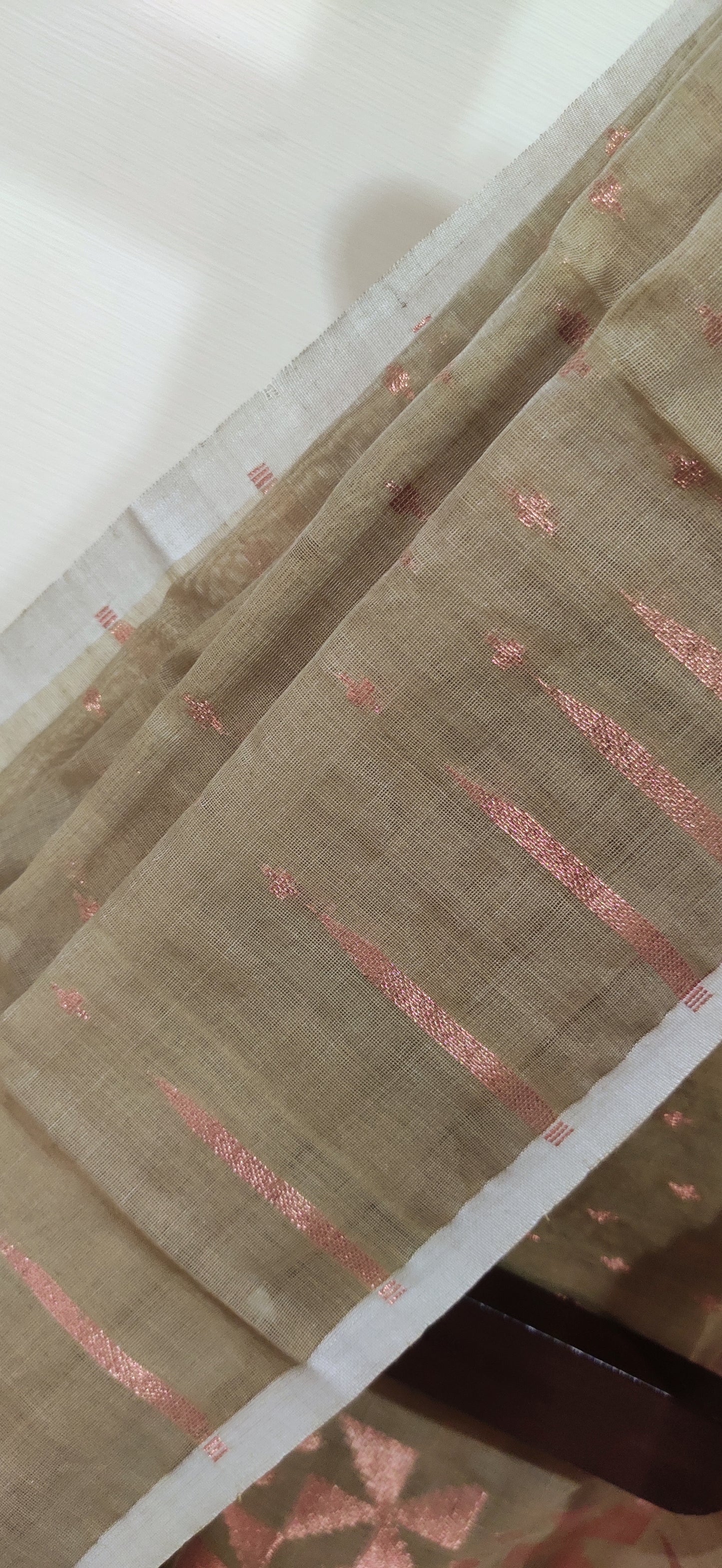 Jamdani Inspired Mud Green Silk Cotton Copper Zari Worked handloom Saree