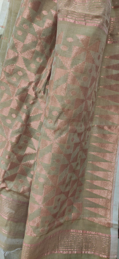 Jamdani Inspired Mud Green Silk Cotton Copper Zari Worked handloom Saree