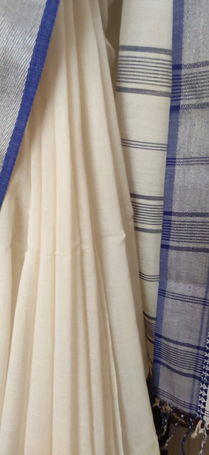 Shubhra – Ivory Blue Soft Cotton Saree