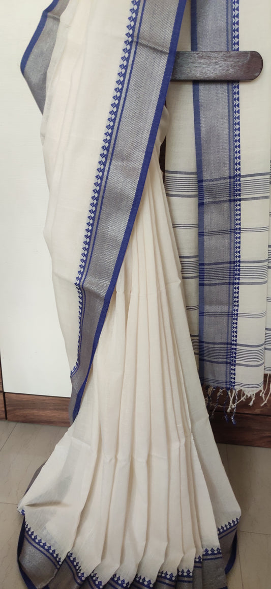 Shubhra – Ivory Blue Soft Cotton Saree