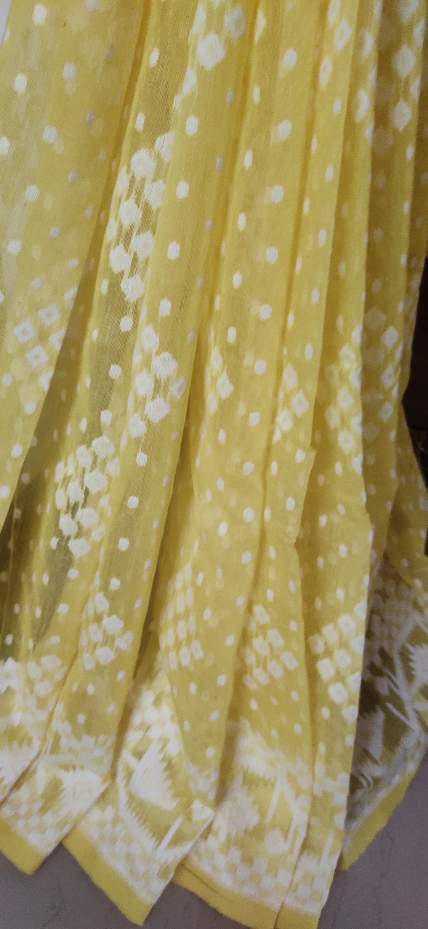 Yellow Soft Silk Cotton Jamdani Inspired Saree having white thread work