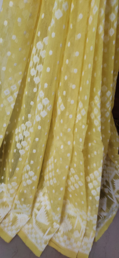 Yellow Soft Silk Cotton Jamdani Inspired Saree having white thread work