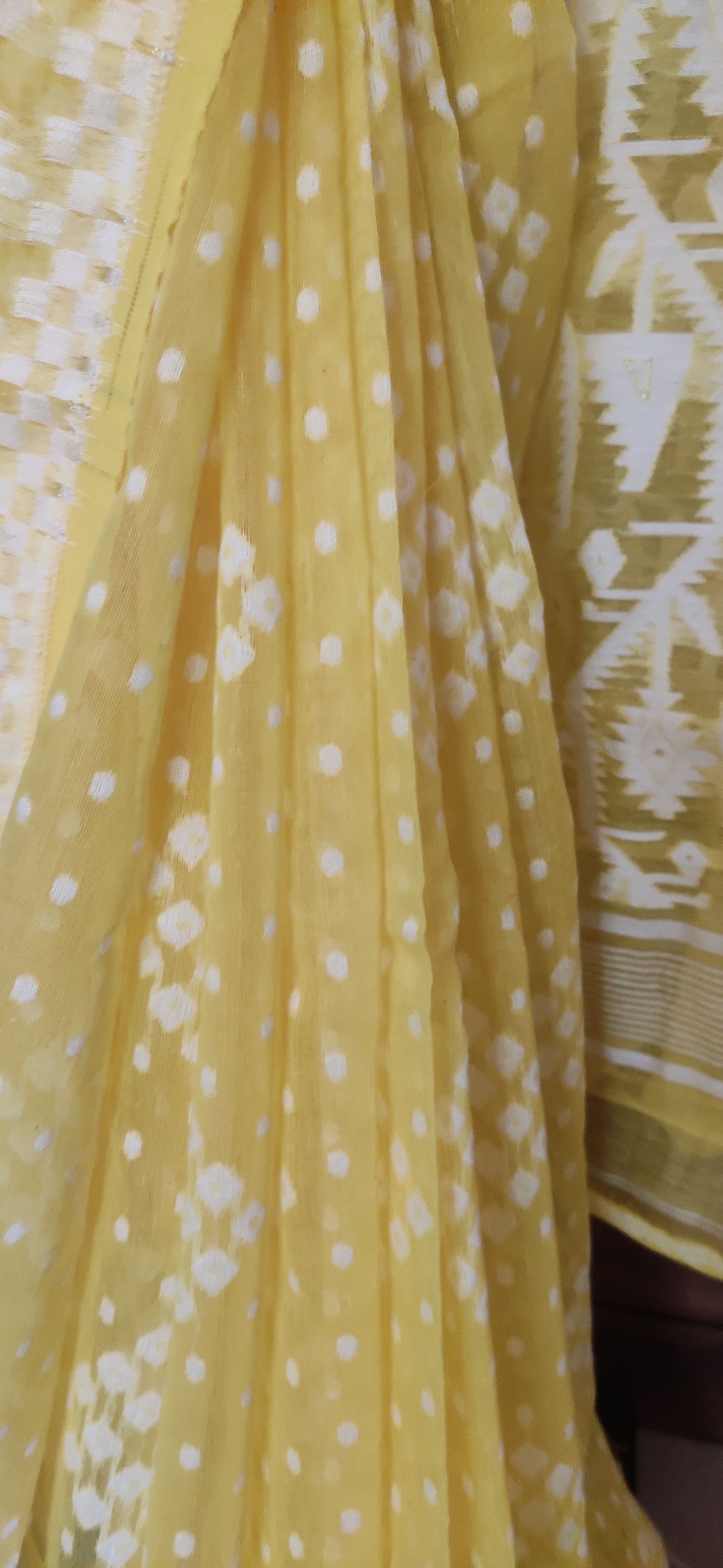 Yellow Soft Silk Cotton Jamdani Inspired Saree having white thread work