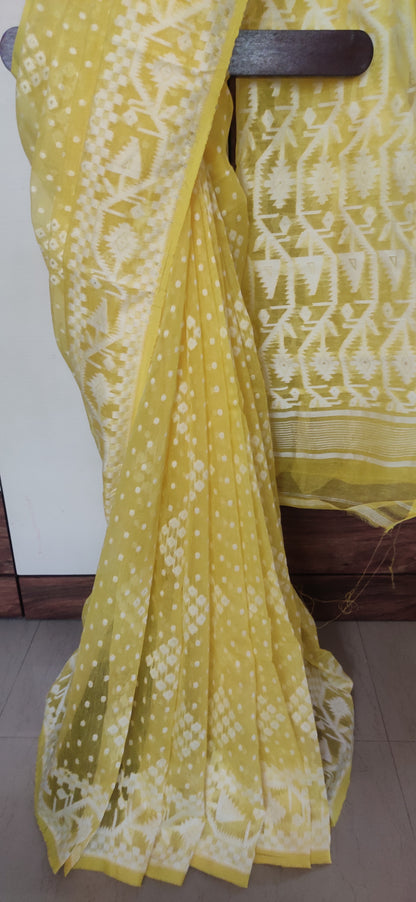 Yellow Soft Silk Cotton Jamdani Inspired Saree having white thread work