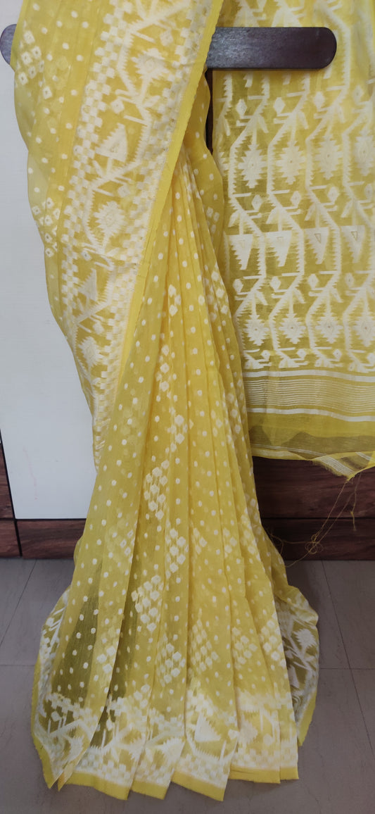 Yellow Soft Silk Cotton Jamdani Inspired Saree having white thread work