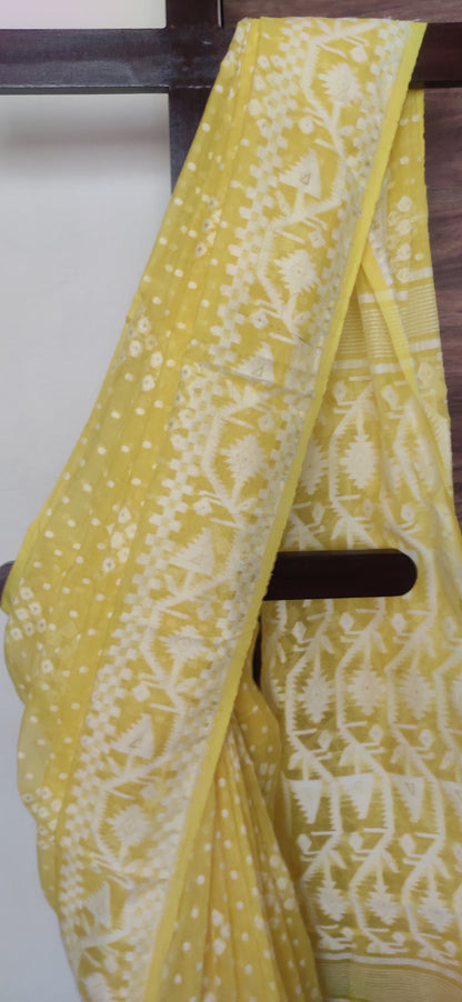 Yellow Soft Silk Cotton Jamdani Inspired Saree having white thread work