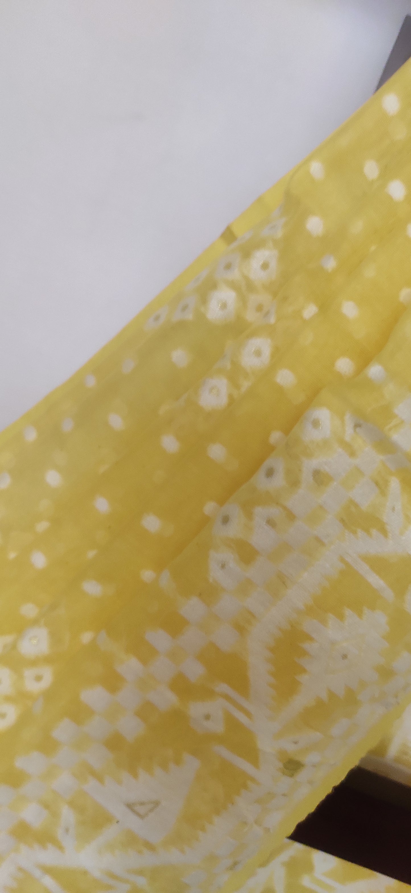 Yellow Soft Silk Cotton Jamdani Inspired Saree having white thread work